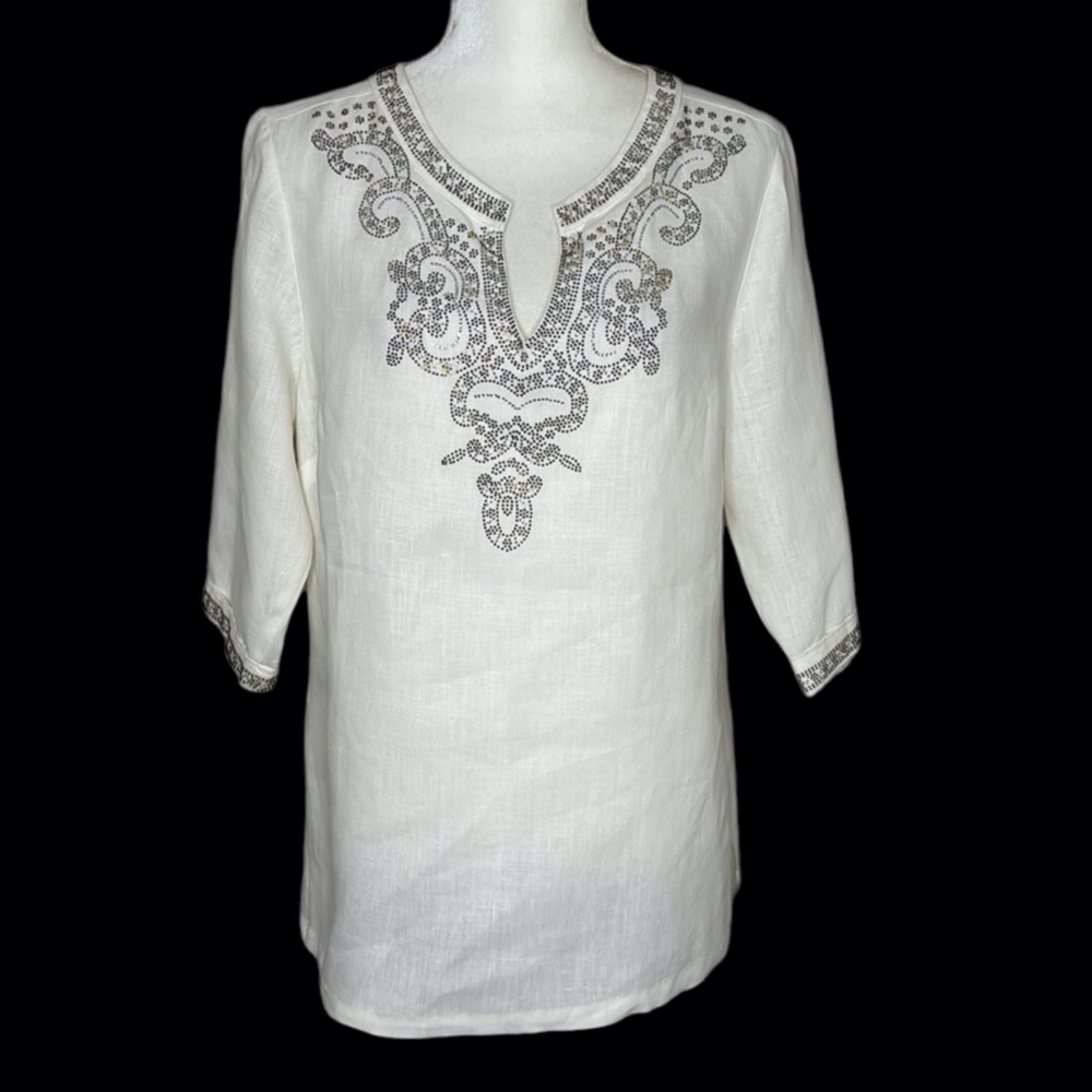 Peck&Peck Linen 3/4 Sleeve Rhinestone V-neck Resort Beach Summer Date Night M